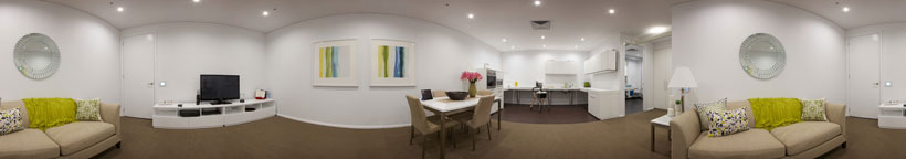 panoramic photograph of the interior of the Blacktown  showroom showing the  lounge room, dining room and kitchen